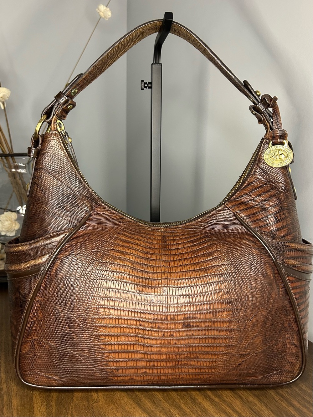 Vintage Brahmin Brown Lizard Embossed Leather Hobo Shoulder Bag Gold Hardware